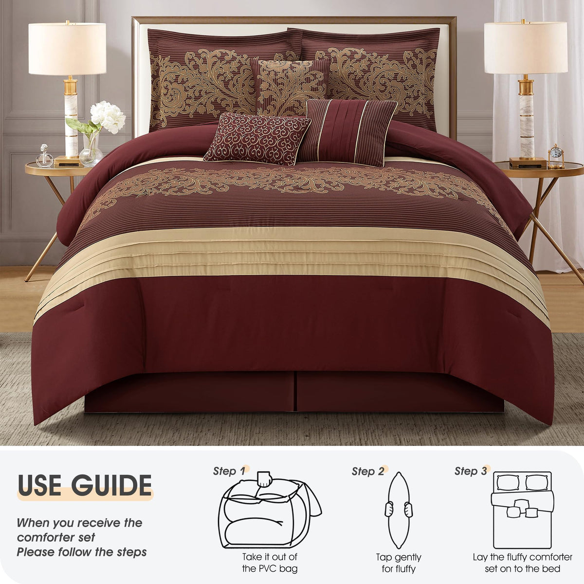 Red Gold Comforter Set, Damask Jacquard with Matching Solid Piece Work, 7 Piece Soft Bedding Set for All