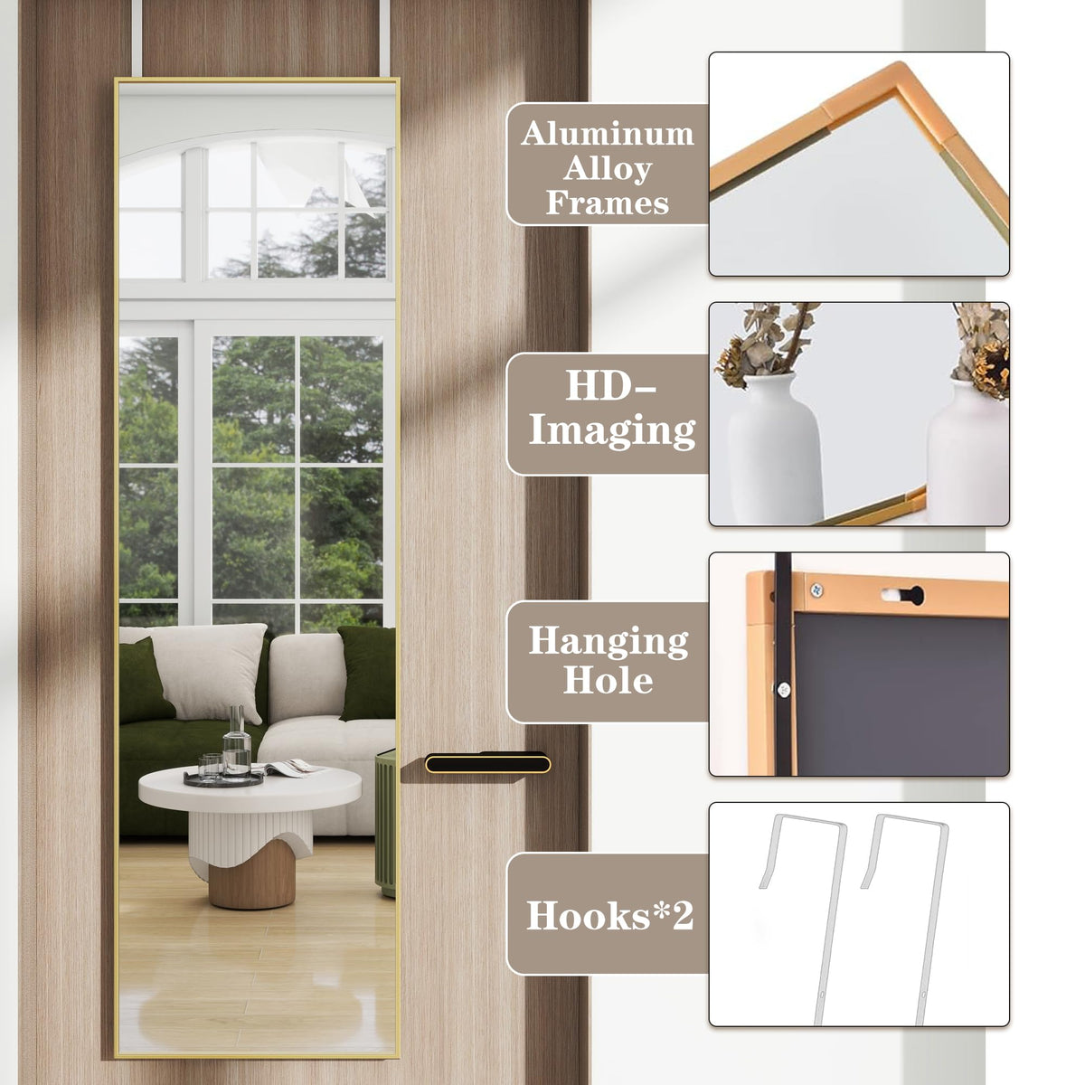 48"x 14" Over the Door Mirror Full Length, Full Body Mirror, Gold