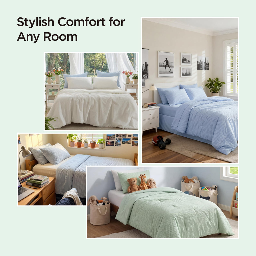 Cooling Comforters, Blue Seersucker Cool Bedding for Hot Sleepers 3 Pieces, Reversible Bed Set with 1