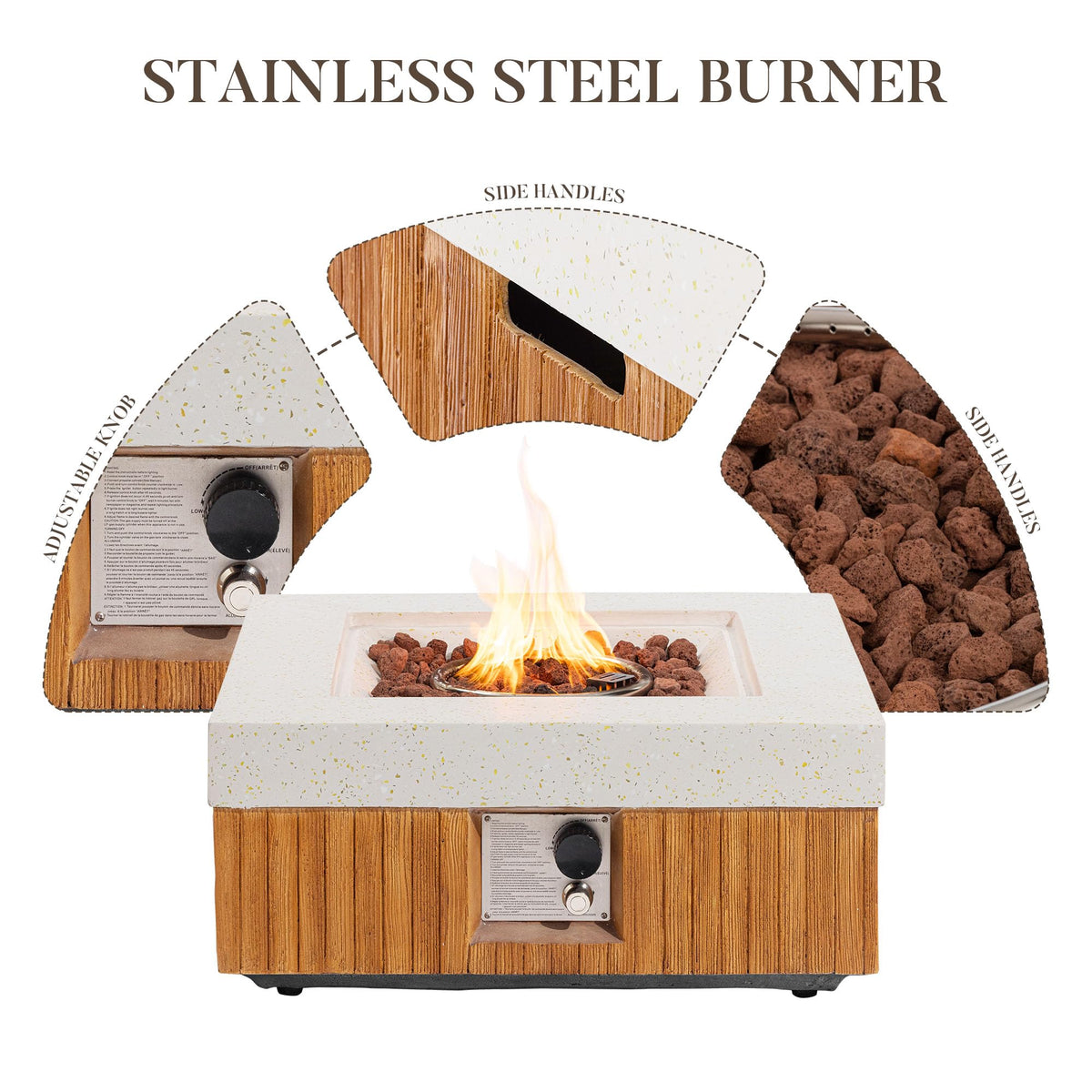 28" Outdoor Fire Pit Table, Small Square Gas Fire Pit Table with Concrete & Log Wood Grain Design, Fire