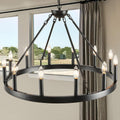 Black Wagon-Wheel Chandelier, Industrial Farmhouse Ring Light for Living Rooms