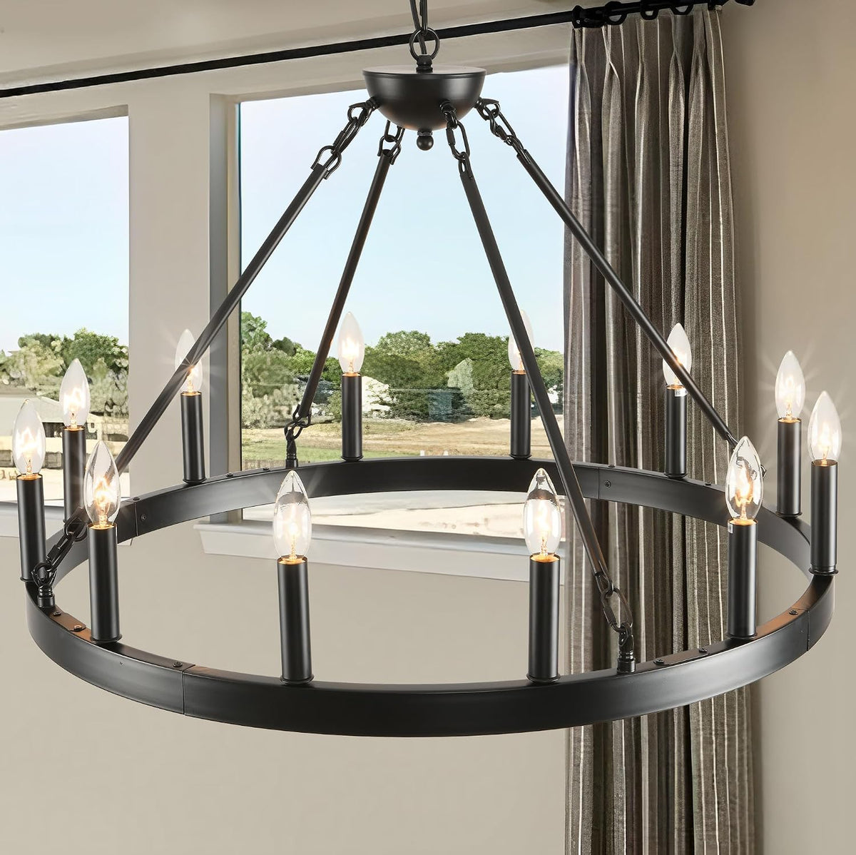 Black Wagon-Wheel Chandelier, Industrial Farmhouse Ring Light for Living Rooms