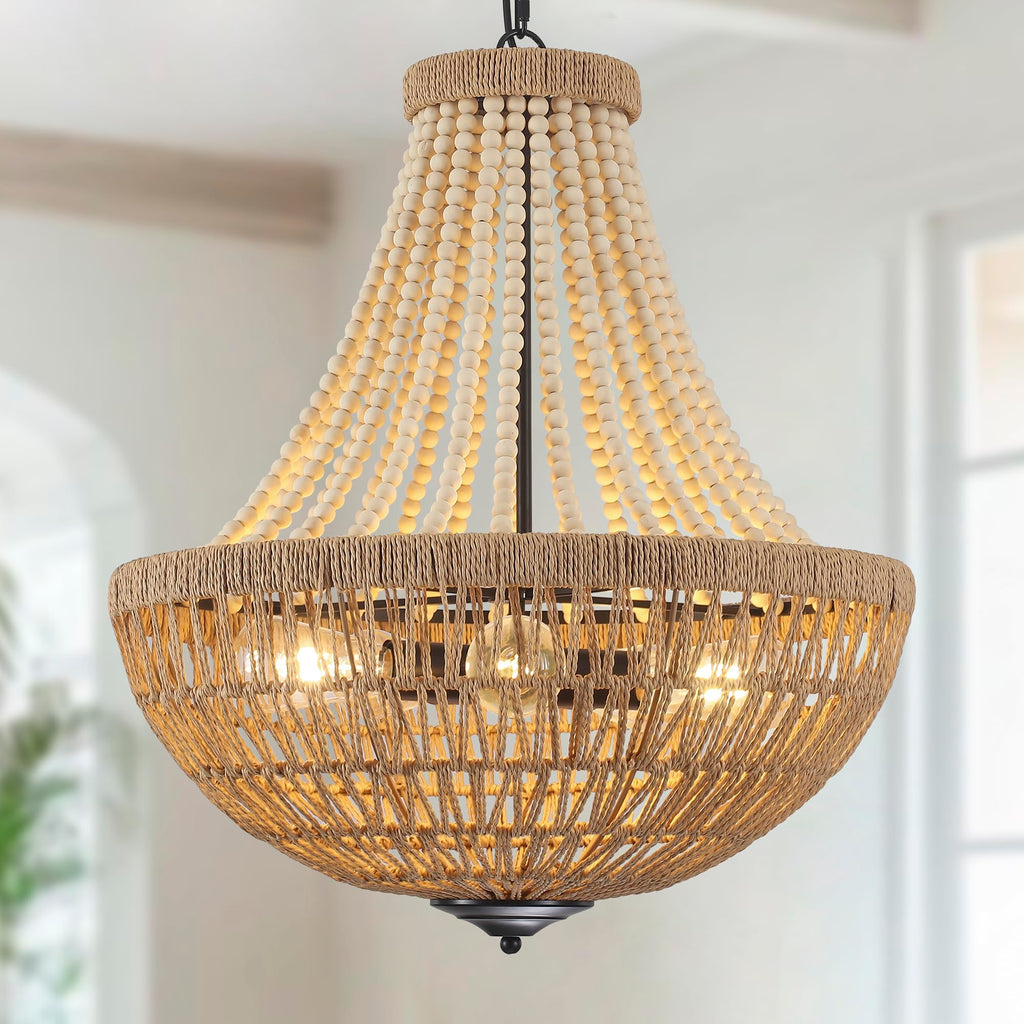 22" Wood Beaded Chandelier Boho Farmhouse Pendant Light