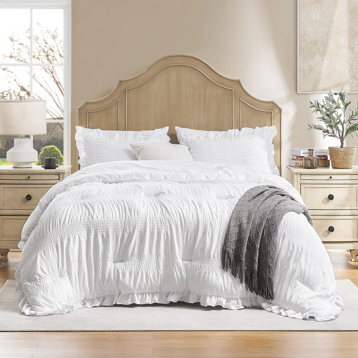 Comforter Set Seersucker, 7 Pieces White Ruffle Bed in a Bag