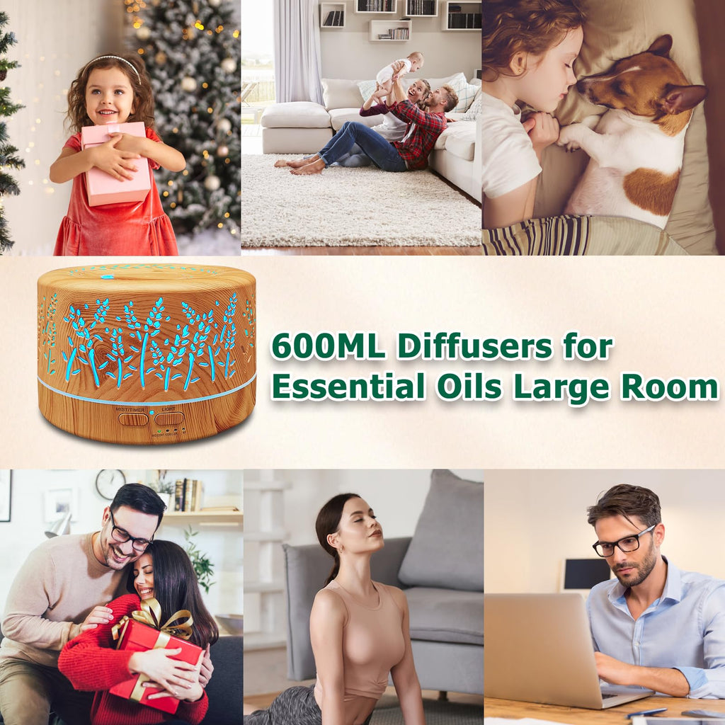 600ml Essential Oil Diffuser for Large Room, 20H Long Lasting Aromatherapy