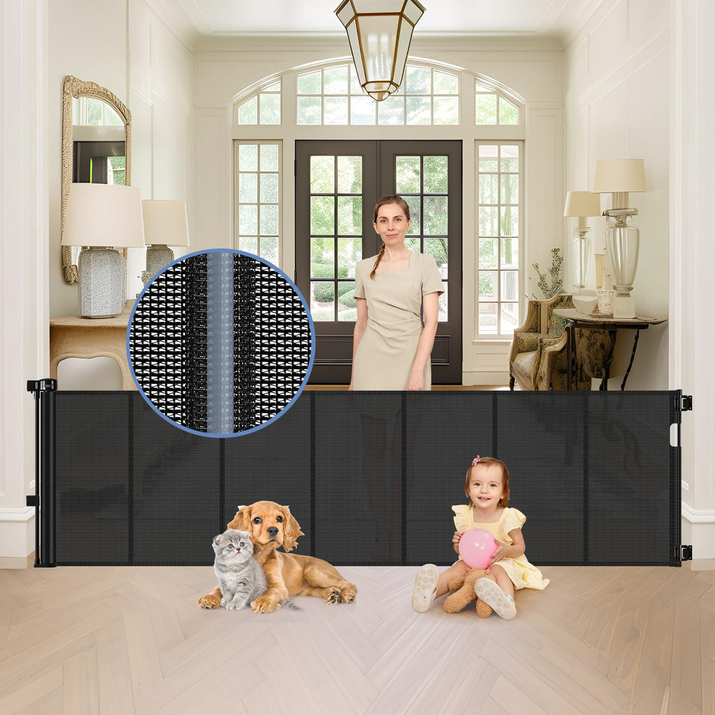 Reinforced 90 Inch Retractable Baby Gates Extra Wide Baby Gate with Reinforced Strips, 7.5ft Long Retractable Dog