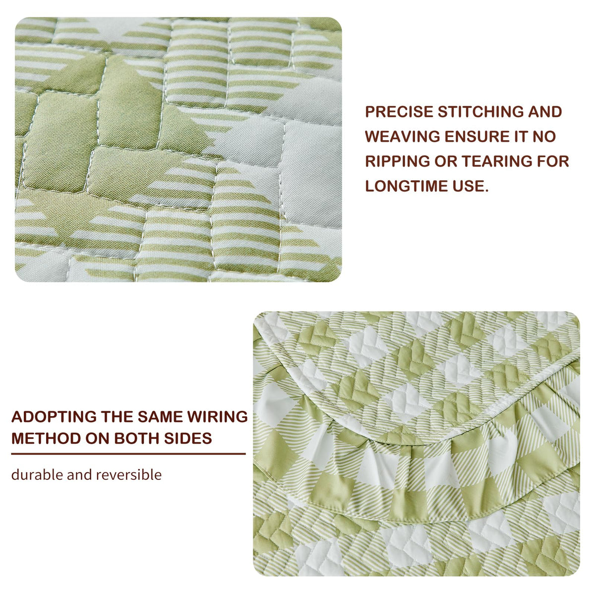 3pcs Ruffle Quilt Set, Sage Green Gingham Plaid Ruffled Design, Soft Cozy Microfiber Farmhouse Bedspread
