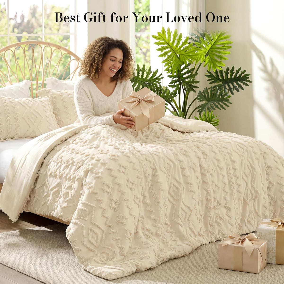 Tufted Boho Comforter Set Twin Size, 2 Pieces Soft Textured Bed Set, Lightweight Breathable Comforter for All