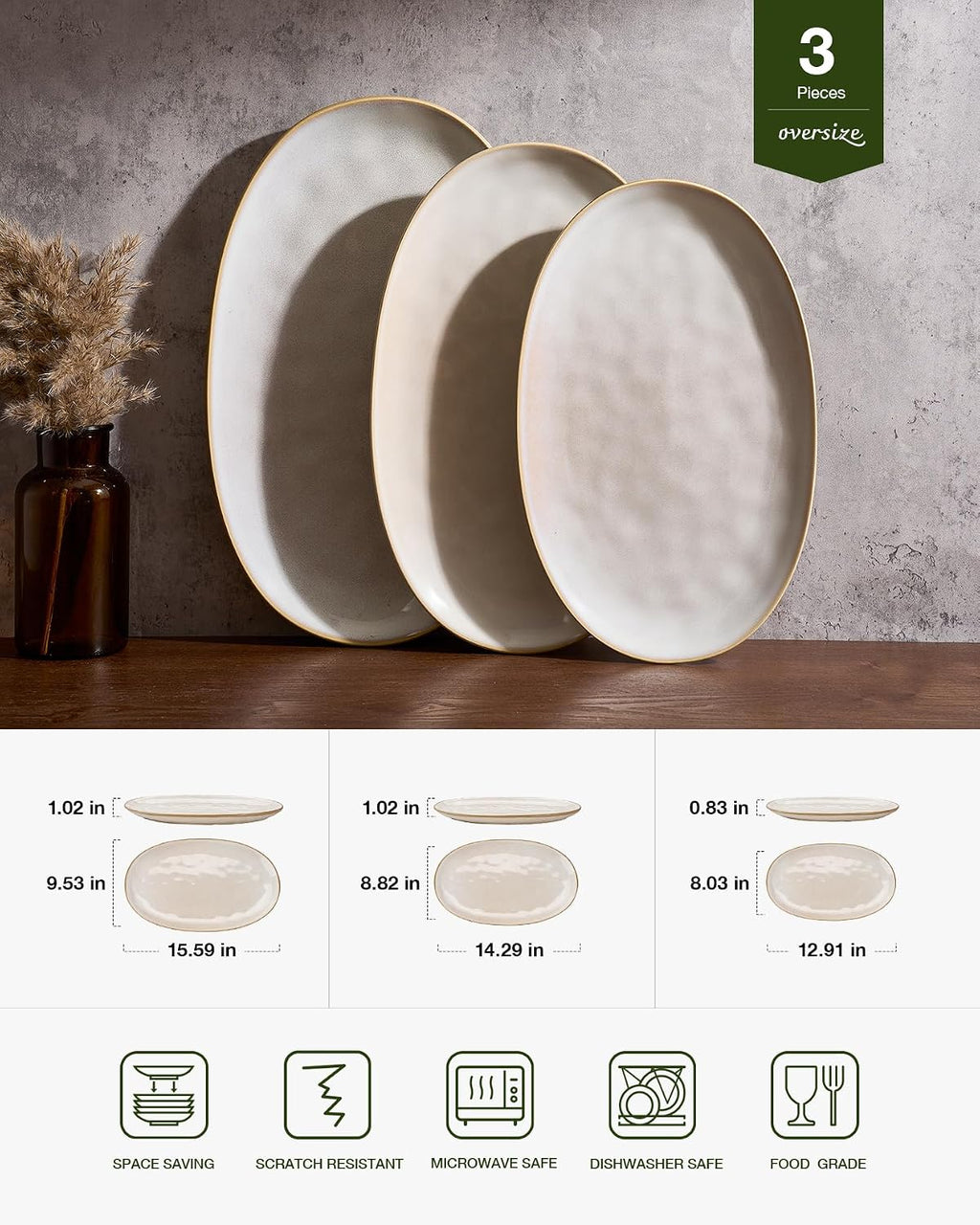 Serving Platters Set of 3 Sizes - Oval, Cappuccino White | 15.59"/14.3"/12.9" Fine Stoneware Serving Trays for Party
