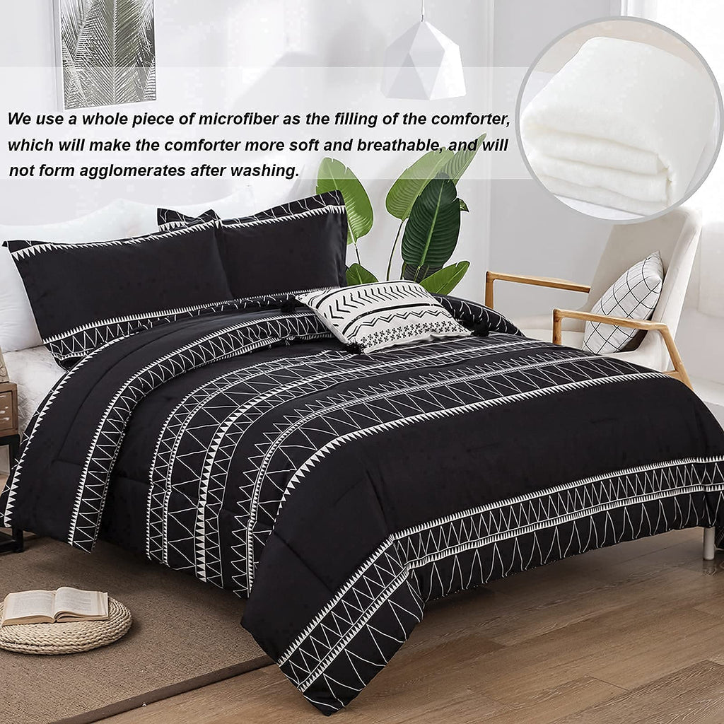Black Comforter Set King Size (104"x 90"), 3 Piece Boho Striped Bedding Fall