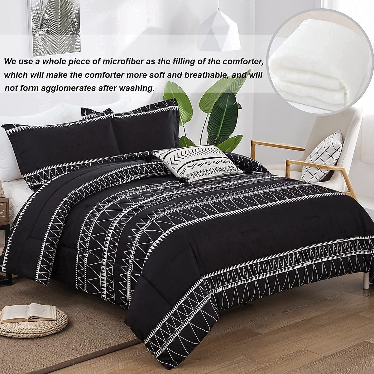 Black Comforter Set King Size (104"x 90"), 3 Piece Boho Striped Bedding Fall