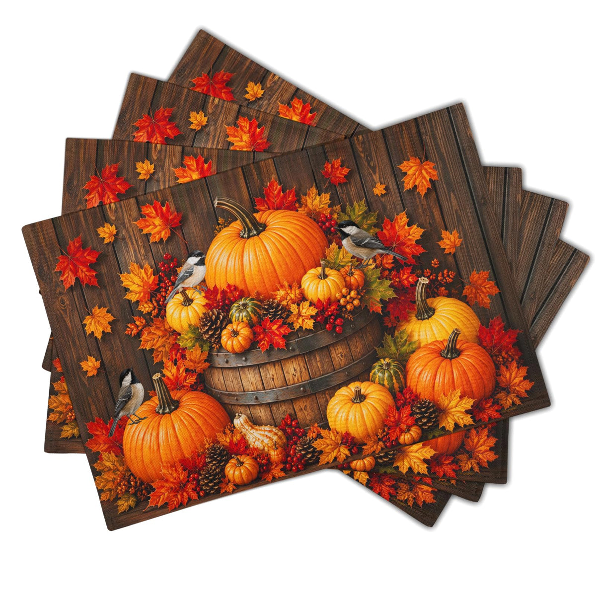 Autumn Placemats Set of 4 12x18 Inch Fall Maple Leaf Pumpkins Birds Decorative Linen Table Mat Rustic Wood Board