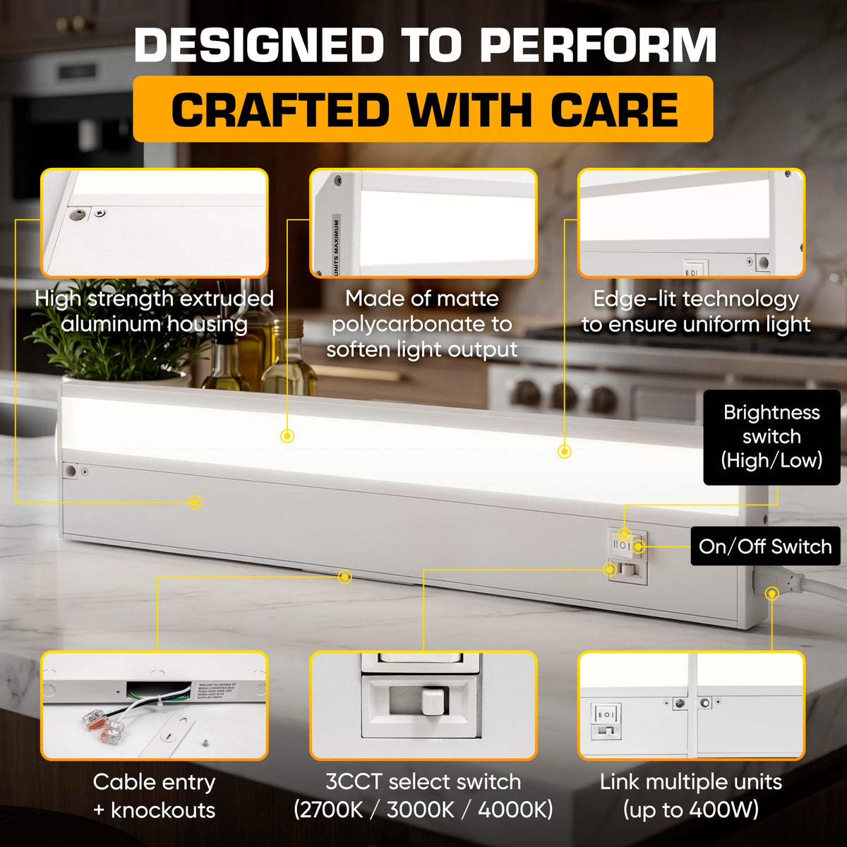 LED Under Cabinet Lighting Hardwired - 3CCT 18 Inch White Finish - Undercabinet Lights - Linkable Undercounter