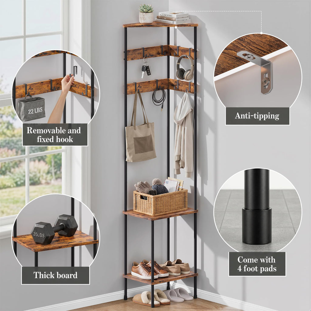 Corner Coat Rack Freestanding with Shelves and 8 Hooks, Rustic Brown