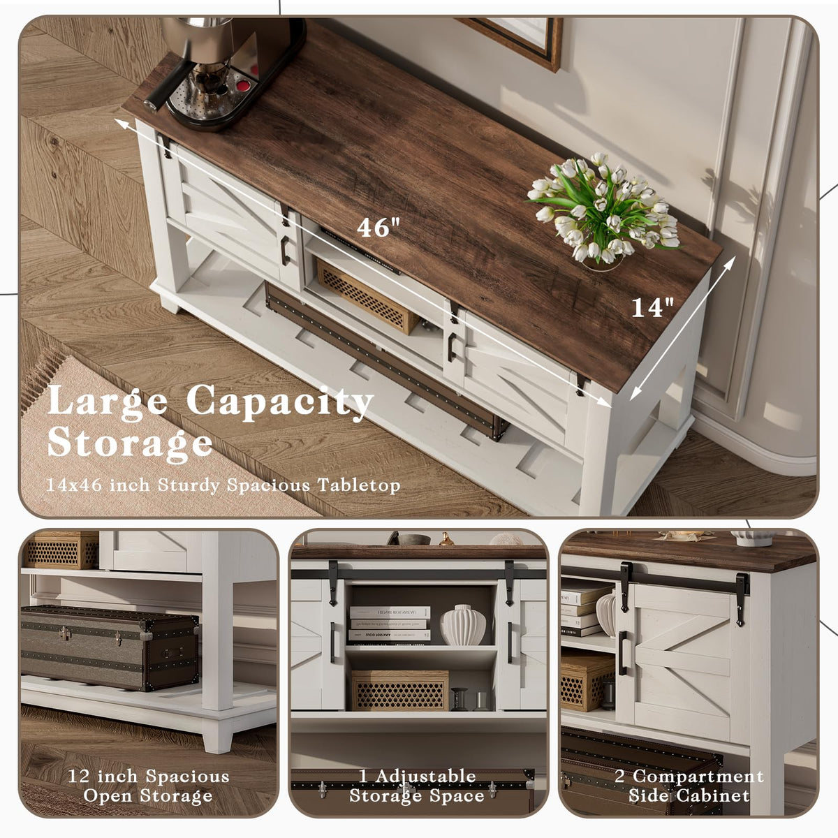 46" Farmhouse Console Table with Sliding Barn Doors, Antique White