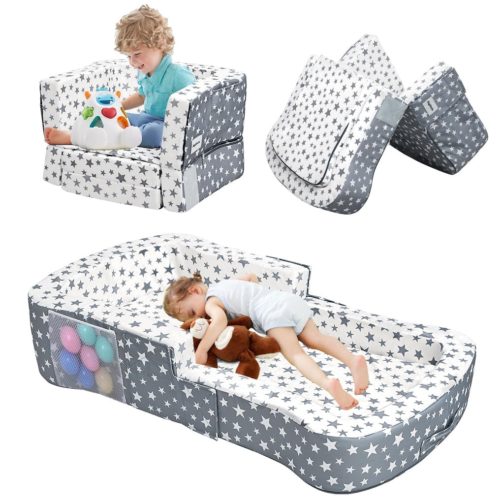 Toddler Travel Bed, Portable Toddler Bed & Chair 2-in-1 - Convertible Travel Crib with Storage Pockets