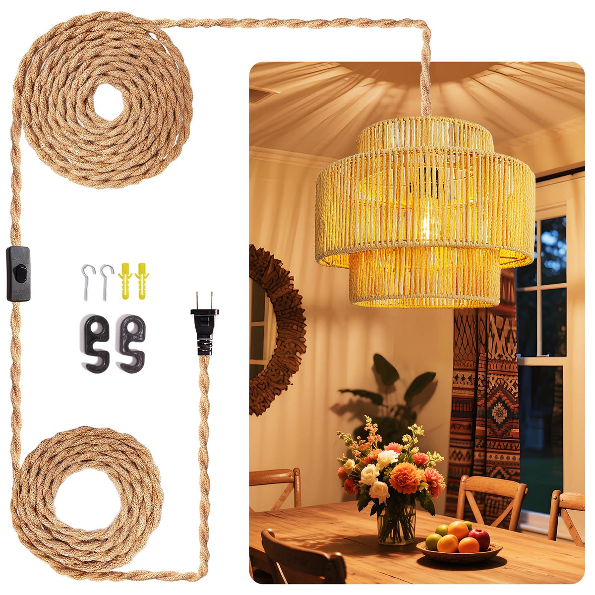 Hanging Lamps Rattan Pendant Light - 16.4ft Plug in Cord Hanging Light Fixture Plug Into Wall Outlet Pendant Lighting