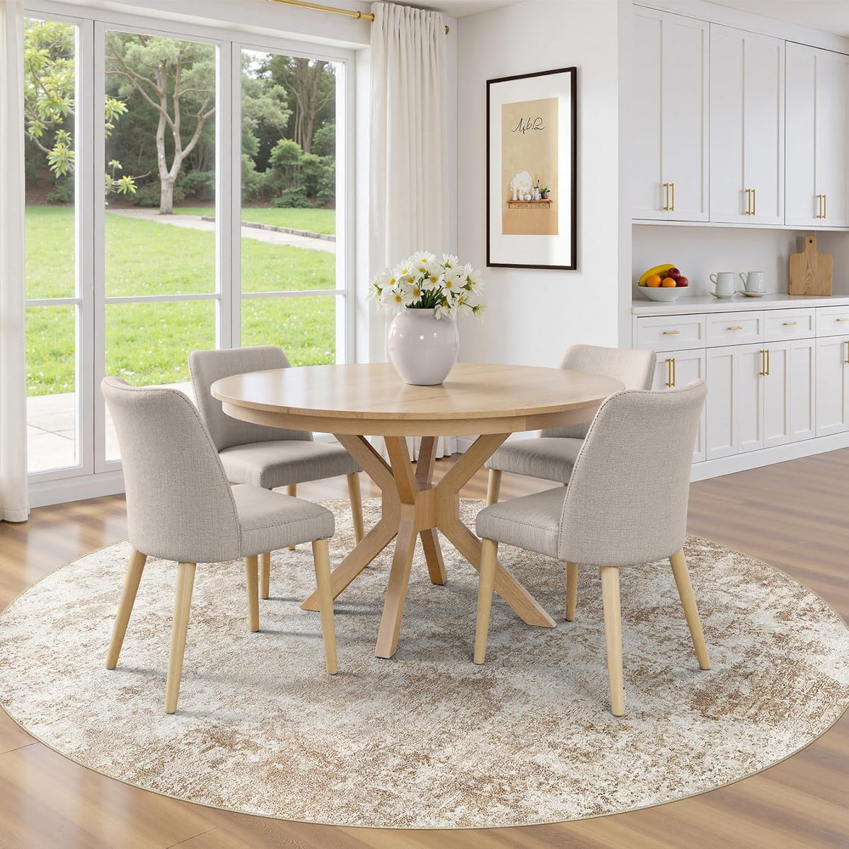 Round Area Rug - Abstract Washable Large Soft Foldable Non Slip Rug Neutral Modern Low Pile Carpet