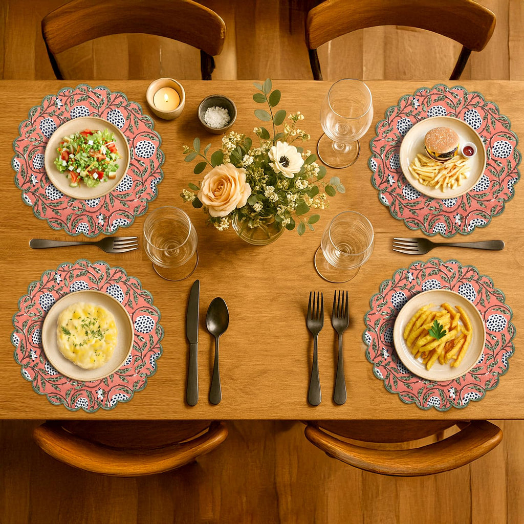 Floral Block Print Round Placemats 15 in, Set of 4, Dark Salmon Pink