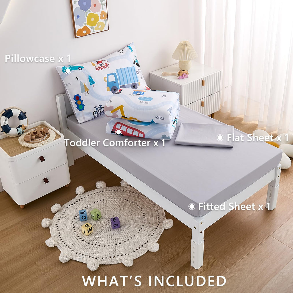 4-Piece Cars Toddler Bedding Set for Boys Girls- Soft & Skin Friendly Toddler Bed Set Includes Toddler Comforter