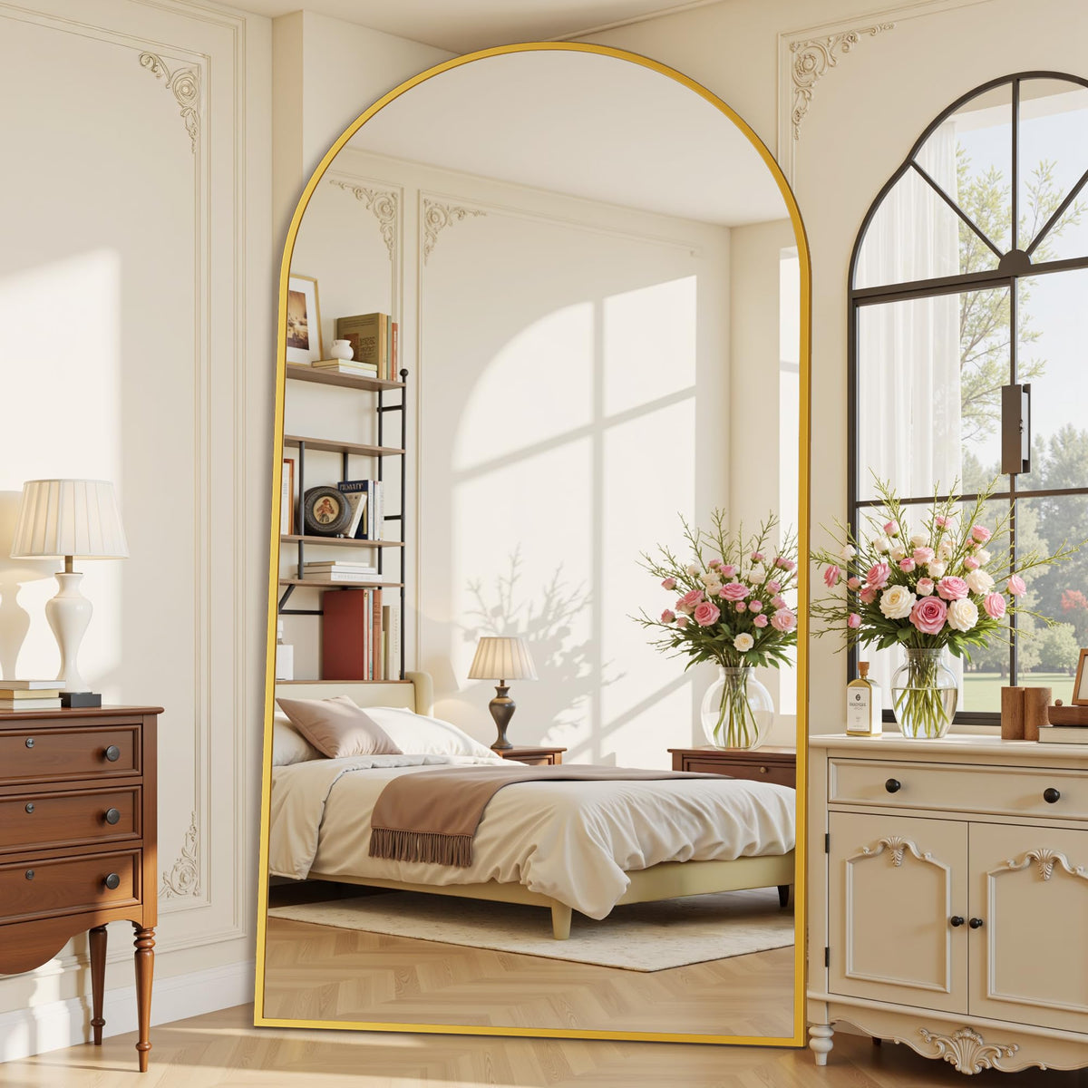 90"x46" Arched Full Length Mirror with Stand, Gold Floor Mirror