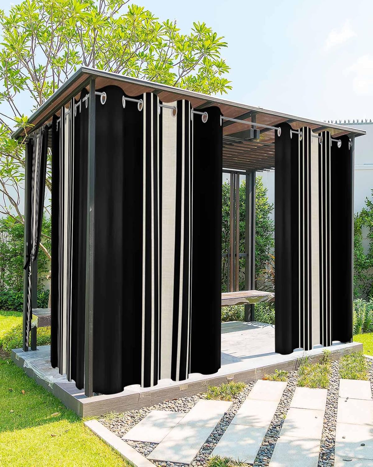 Outdoor Curtains (Set of 2 Panels) , Black Beige Striped Waterproof Blackout Outside Curtain for Porch/Pergola/Gazebo, Modern Farmhouse