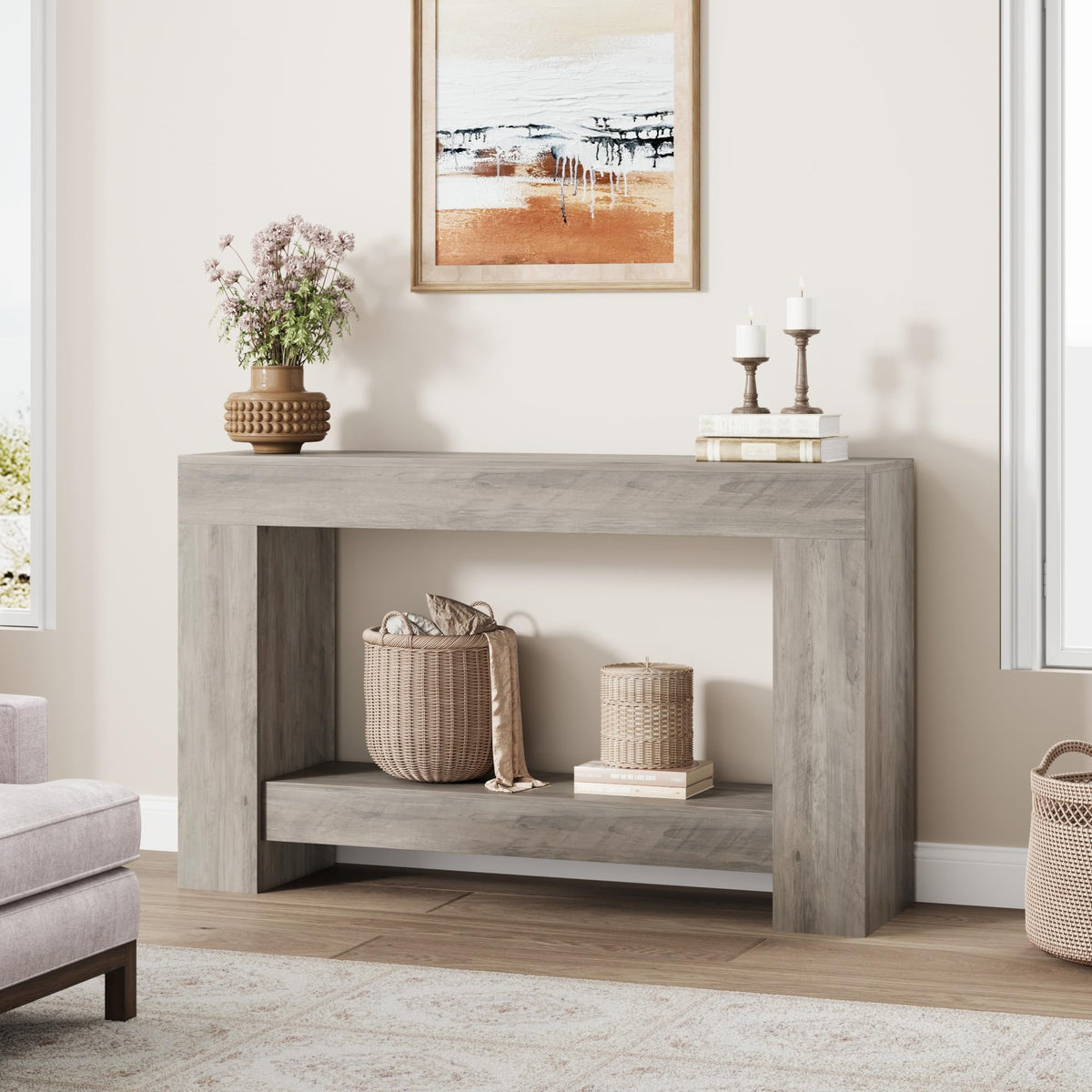 47" Farmhouse 2-Tier Console Table, Grey