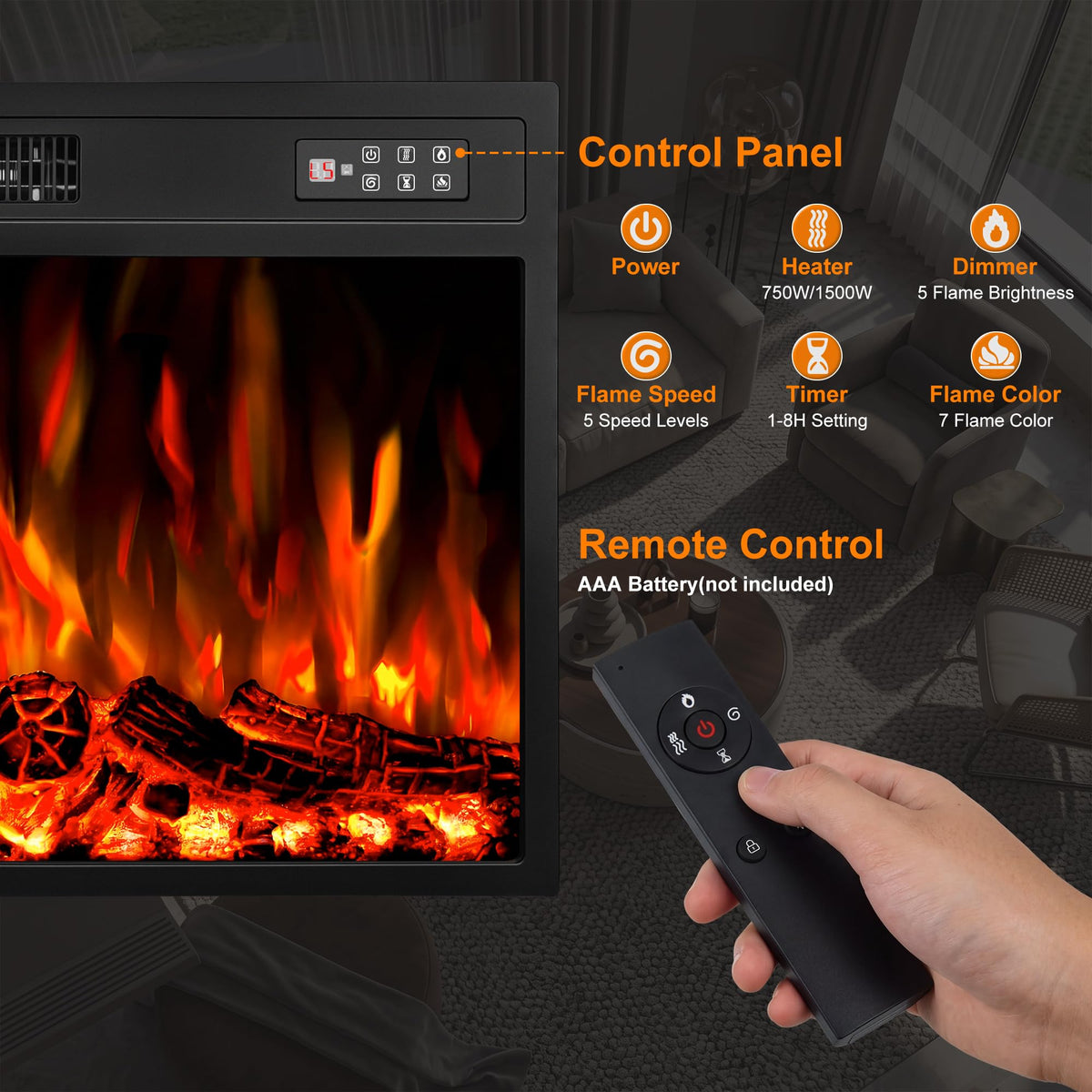 23 inch Electric Fireplace Insert, Fireplace Heater with Remote Control