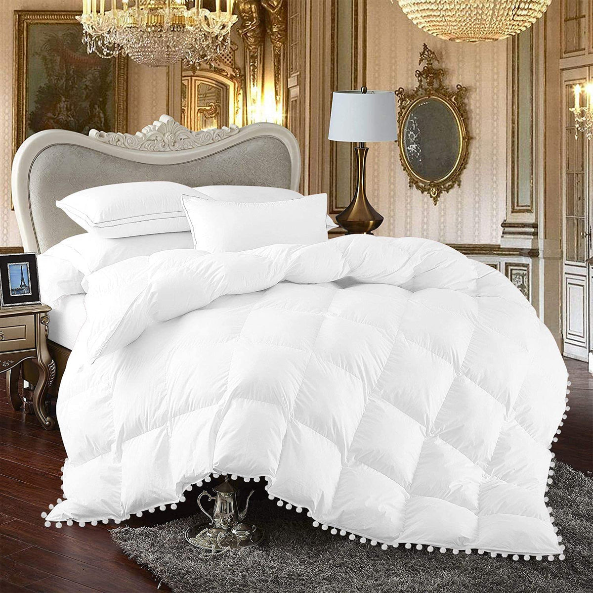 3 Piece White Vintage Pom-Pom Fringe, Box Design Comforter Set 1000 Thread Count, 550 GSM Filling, 100% Egyptian