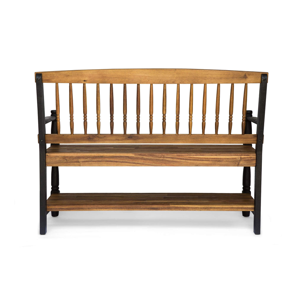 Eddie Indoor Farmhouse Acacia Wood Bench with Shelf, Teak and Black Finish