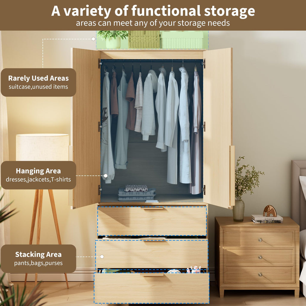 70" Wardrobe Armoire Wooden Closet with 2 Doors and 3 Drawers