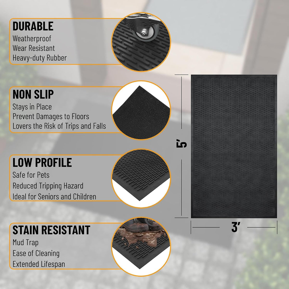 Waterproof Rubber Outdoor Doormat - Heavy-Duty Non-Slip Rubber Floor Mat with Ridge Scraper Pattern, All-Weather