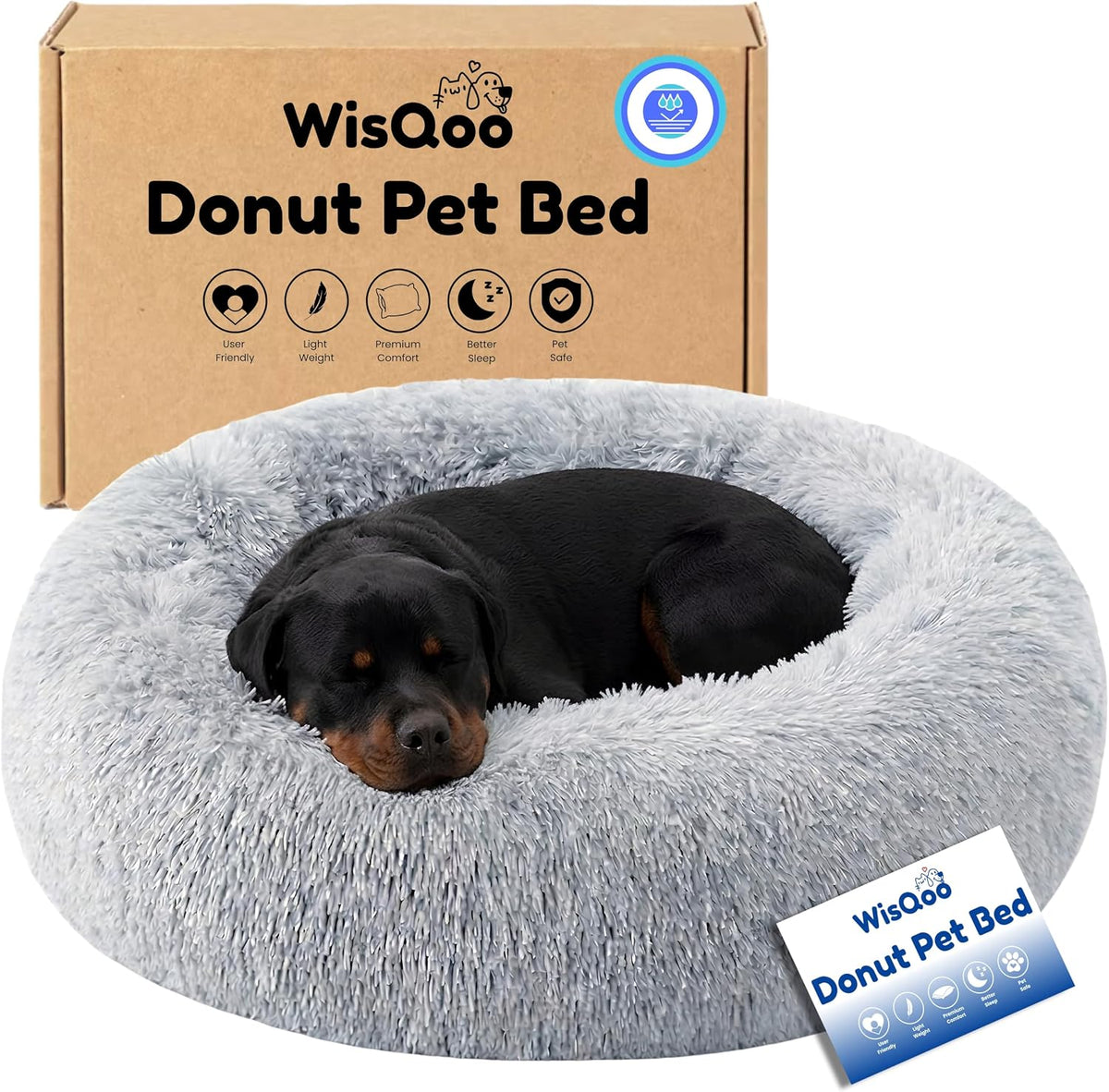 Calming Donut Dog Bed - Faux Fur Anti-Anxiety Pet Bed with Removable Washable Cover & Water-Resistant Liner - Plush