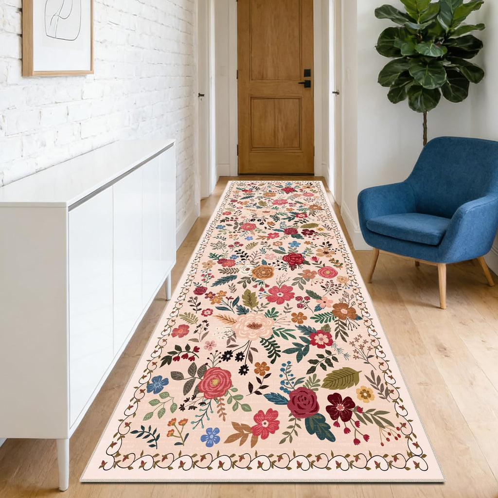 Washable Beige Red Runners s, Non Slip Long Floor Runner Indoor, Stain Resistant Rubber Backing Floral