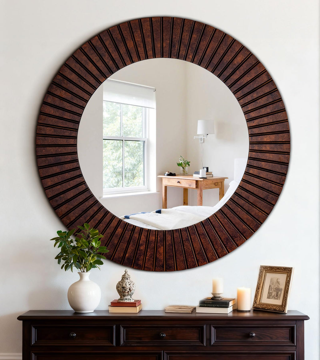 42'' Large Circle Mirror with Wood Frame, Decorative Mirror, Farmhouse Bathroom Mirrors with Bronze Groove Finish