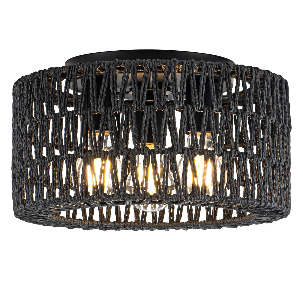 Rattan Ceiling Light Fixture, 3-Light Bohemian Modern Woven Ceiling Light, Black Boho Flush Mount Ceiling Light