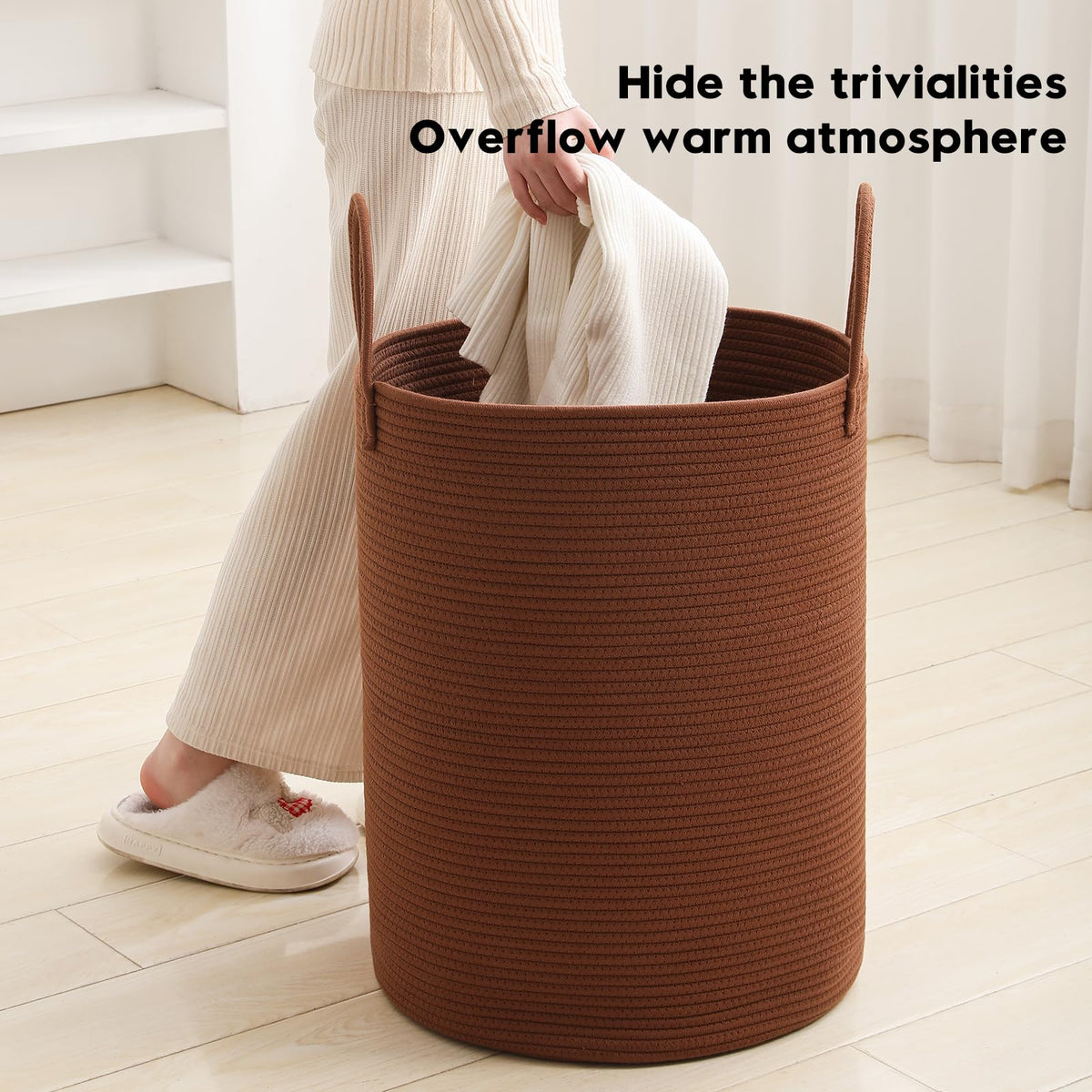 Basket Hamper Tall Rope Storage Woven for Blanket toys Dirty Clothes Bathroom Bedroom (Dark Brown, 60L/15.8Gal)