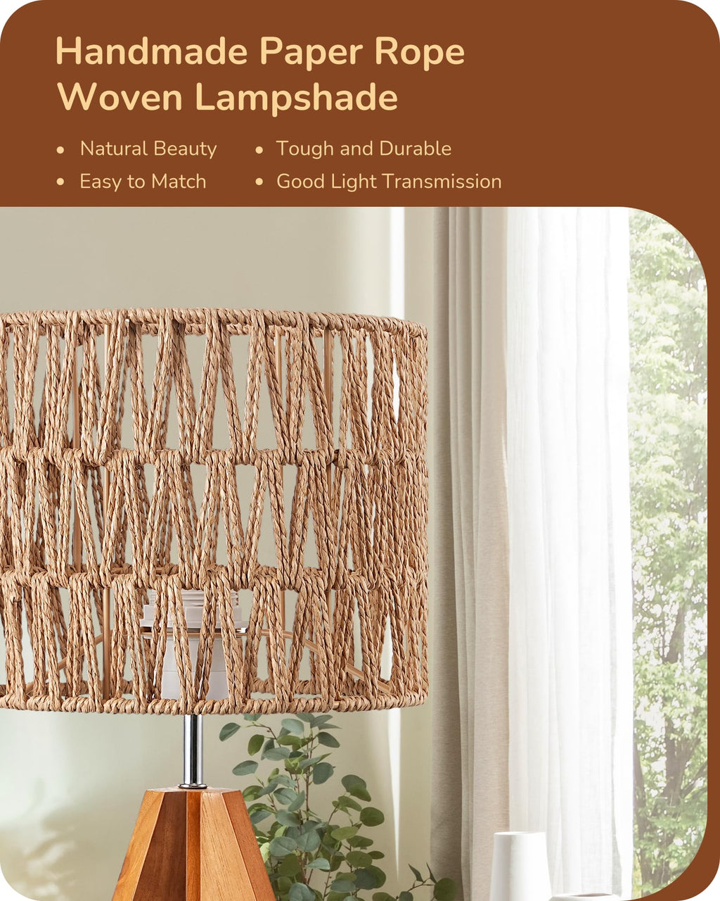 Rattan Small Table Lamp, Boho Nightstand Lamp, 14.2", E26 Base