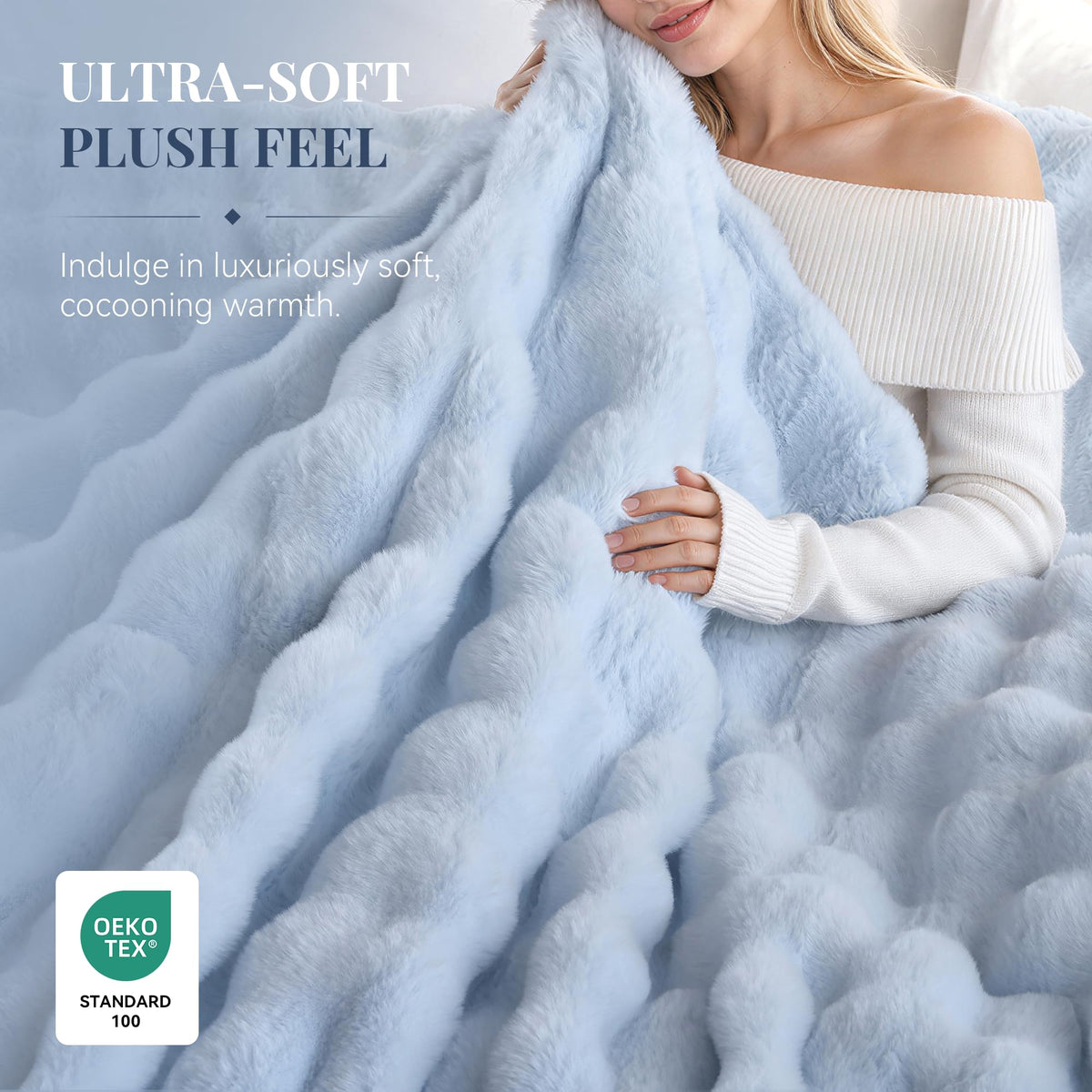 Fluffy Faux Rabbit Fur Bubble Comforter - Light Blue