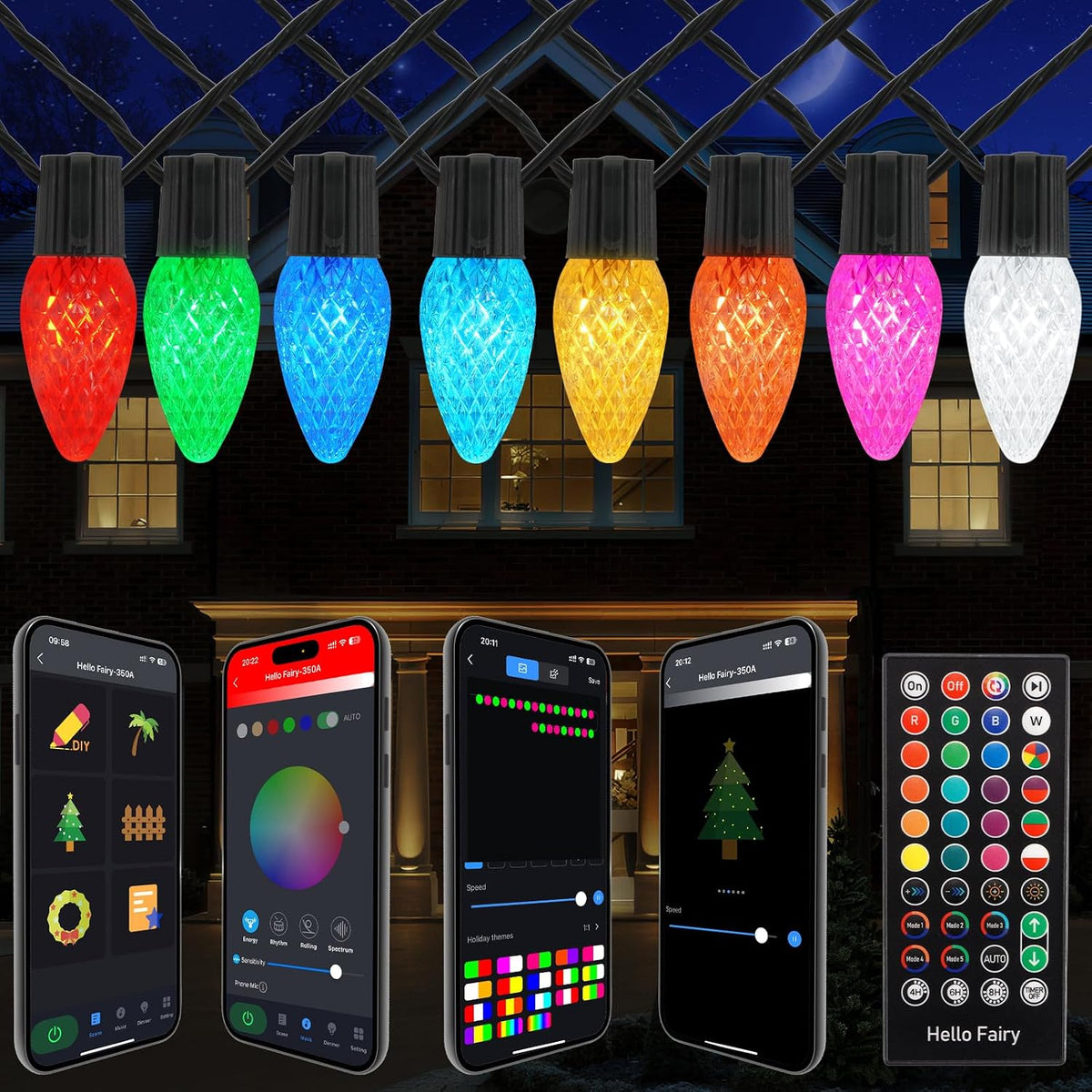 Smart C9 Christmas Outdoor Lights, 33FT 50 LEDs RGB String Lights, APP/Remote Control, DIY Modes & Music Sync, Color