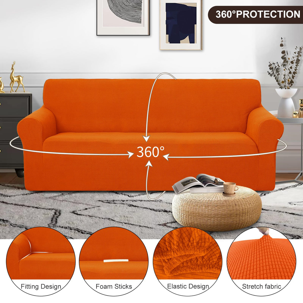 Stretch Couch Cover Slipcover for 3 Cushion Sofa, Orange