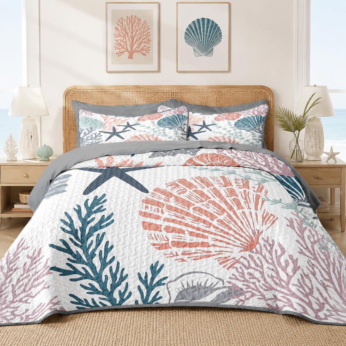 Quilt Set, 7 Pieces Coastal Seashell Bedding, Bedspread