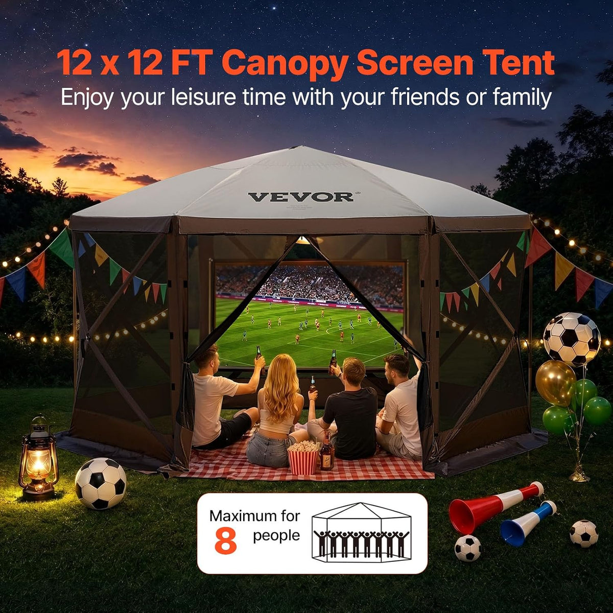 Camping Gazebo Screen Tent, 12x12ft, Brown/Beige | 6 Sided Pop-up Canopy, Mesh Windows, Portable Carry Bag & Stakes