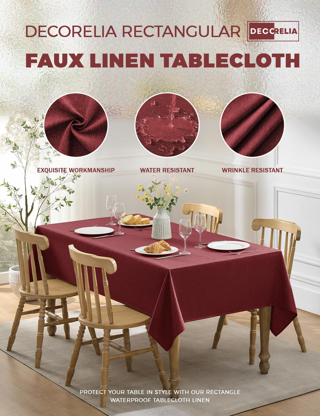 Faux Linen Farmhouse Table Cloth 60"x84" for 4-6 ft Rectangle Table, Burgundy Waterproof Outdoor Washable Cloth