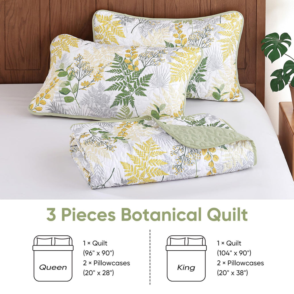 Quilt, 3 Pieces Sage Green Botanical Bedspread with Farmhouse Leaves Pattern, Soft Lightweight Microfiber