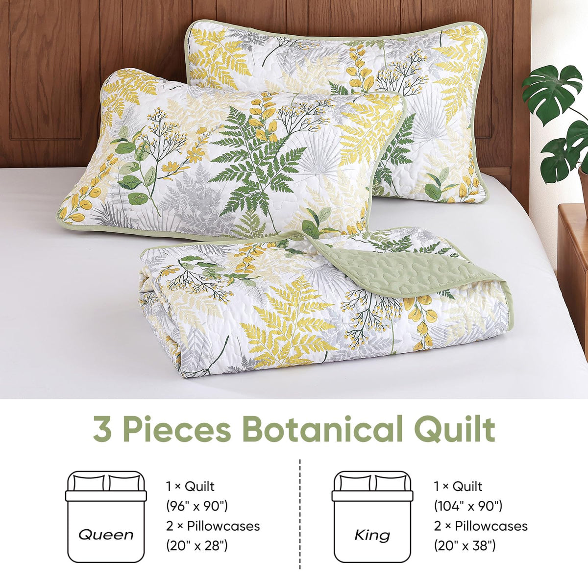 Quilt, 3 Pieces Sage Green Botanical Bedspread with Farmhouse Leaves Pattern, Soft Lightweight Microfiber