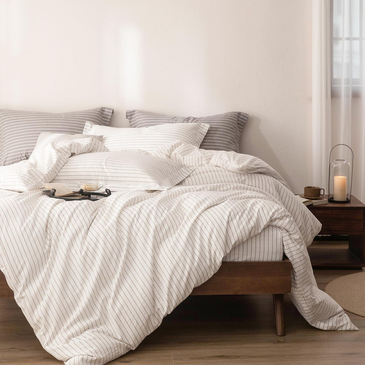 3Pcs Off White & Linen Grey Striped Duvet Cover Set
