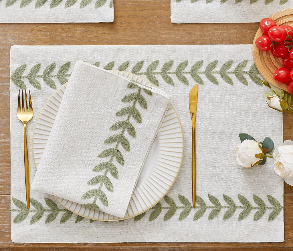 Embroidered Place Mats, Sage Green Rustic Placemats Set of 6