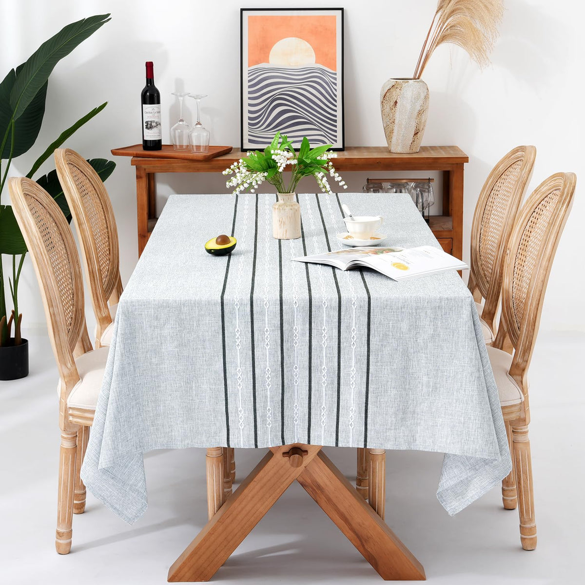 54 x 72 inches Farmhouse Style Linen tablecloths, Boho Wrinkle Resistant Washable Small Rectangle Table Cloth