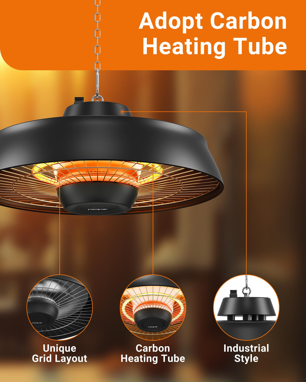 Carbon Infrared Hanging Patio Heater, 3-Second Warmth, Black